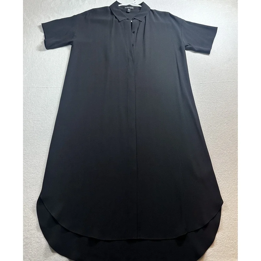 Eileen Fisher 100% SILK Georgette Crepe Notch Collar Dress XS Black‎ f4gc1